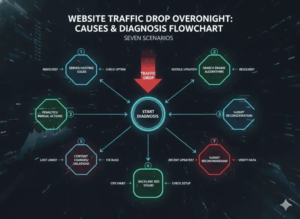 Website traffic drop overnight causes diagnosis flowchart for seven scenarios » Ajitkumar Gupta Website traffic drop overnight causes diagnosis flowchart for seven scenarios