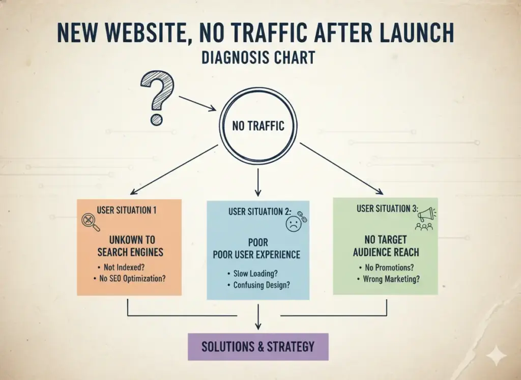 new website no traffic after launch diagnosis chart showing three user situations » Ajitkumar Gupta New website no traffic after launch diagnosis chart showing three user situations